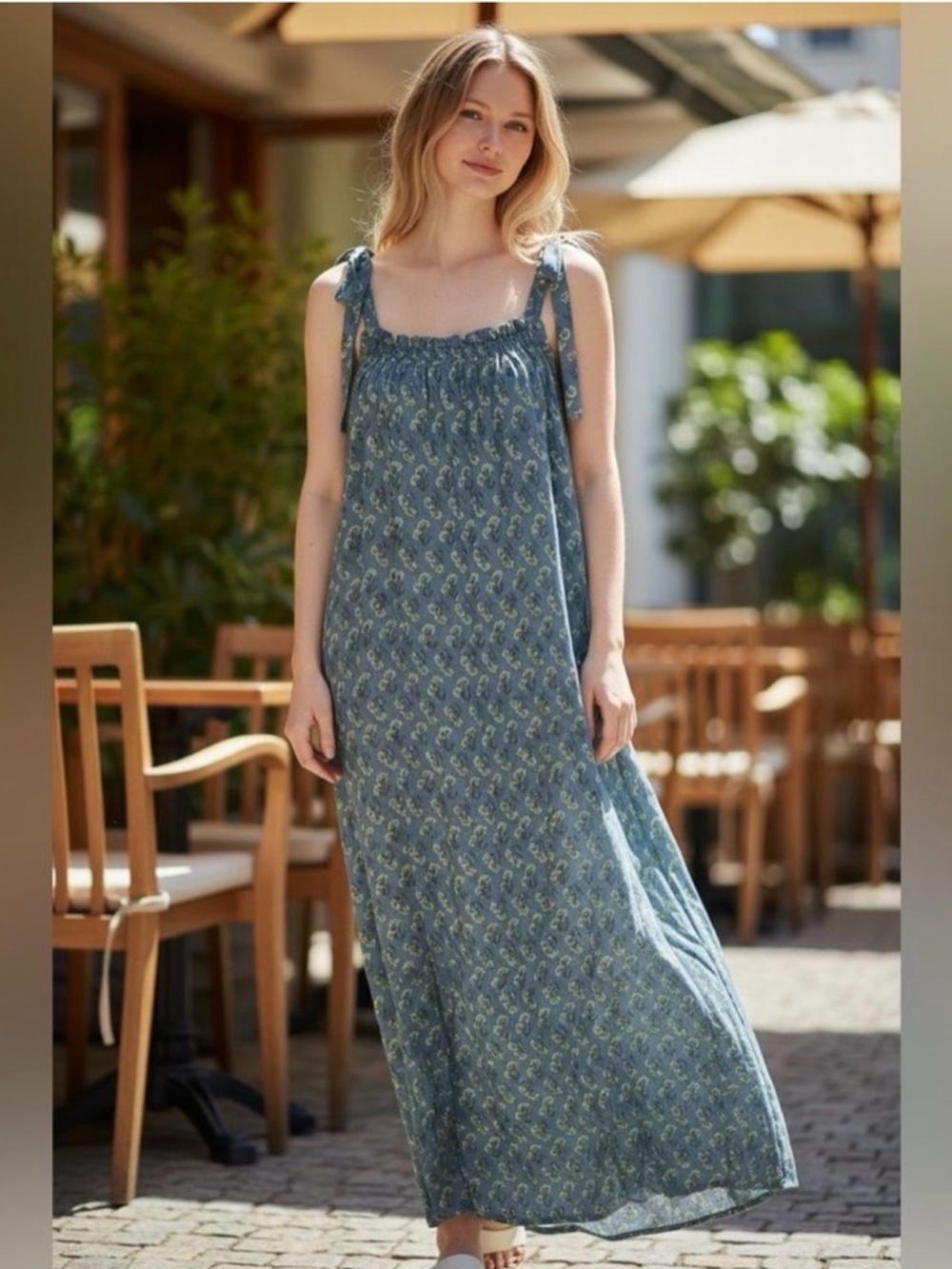 Smocked Tie-Shoulder Blue Floral Maxi Dress